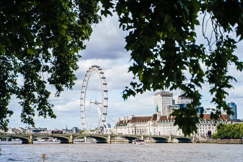 County Hall and the London Eye beside the River Thames, framed by green leaves