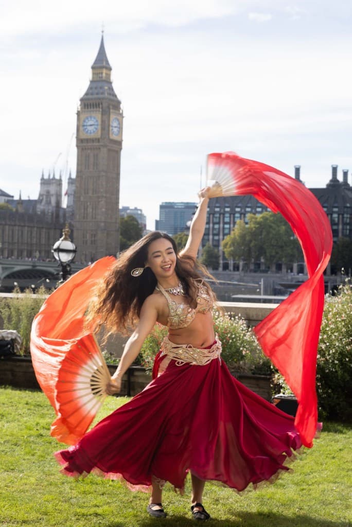 Chinese fan veil dance performance on the terrace